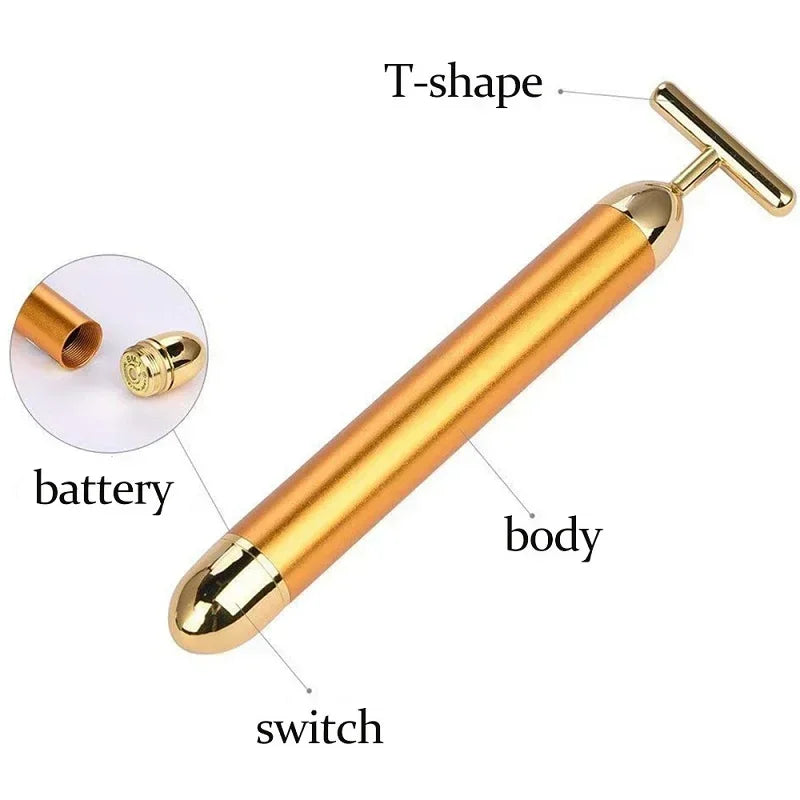 24K Gold Beauty Bar Face Massager Electric Vibrating Rose Quartz 3D Roller Face Lifting Body Facial Gua Sha Jade Roller