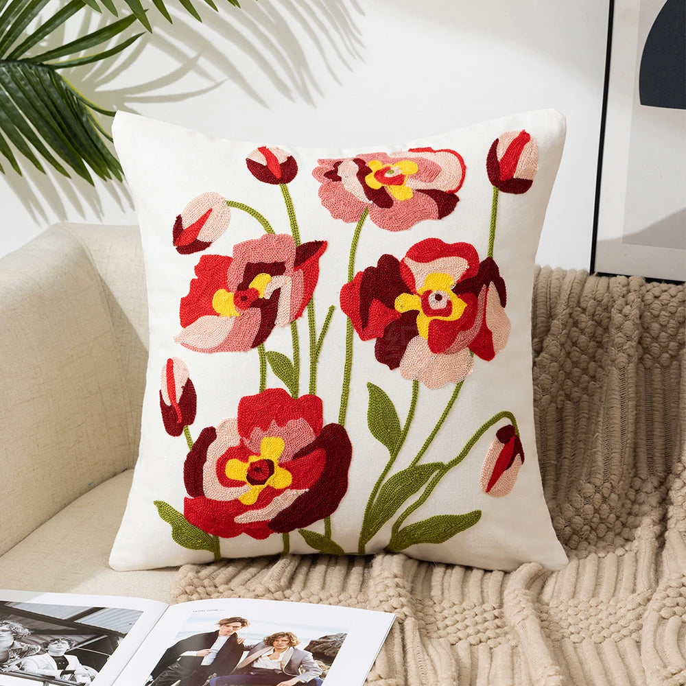 Home Decor Floral Cushion Cover Embroidered Flower Linen Simple Sofa Headboard Pillow Case Office Cushion Cover Cogines 45x45cm