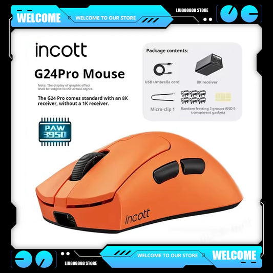 Incott G24Pro Wireless Mouse Paw3395 Sensor Low Latency Dual Mode Hot Swap Ergonomics Lightweight Gaming Mice Gaming Accessories