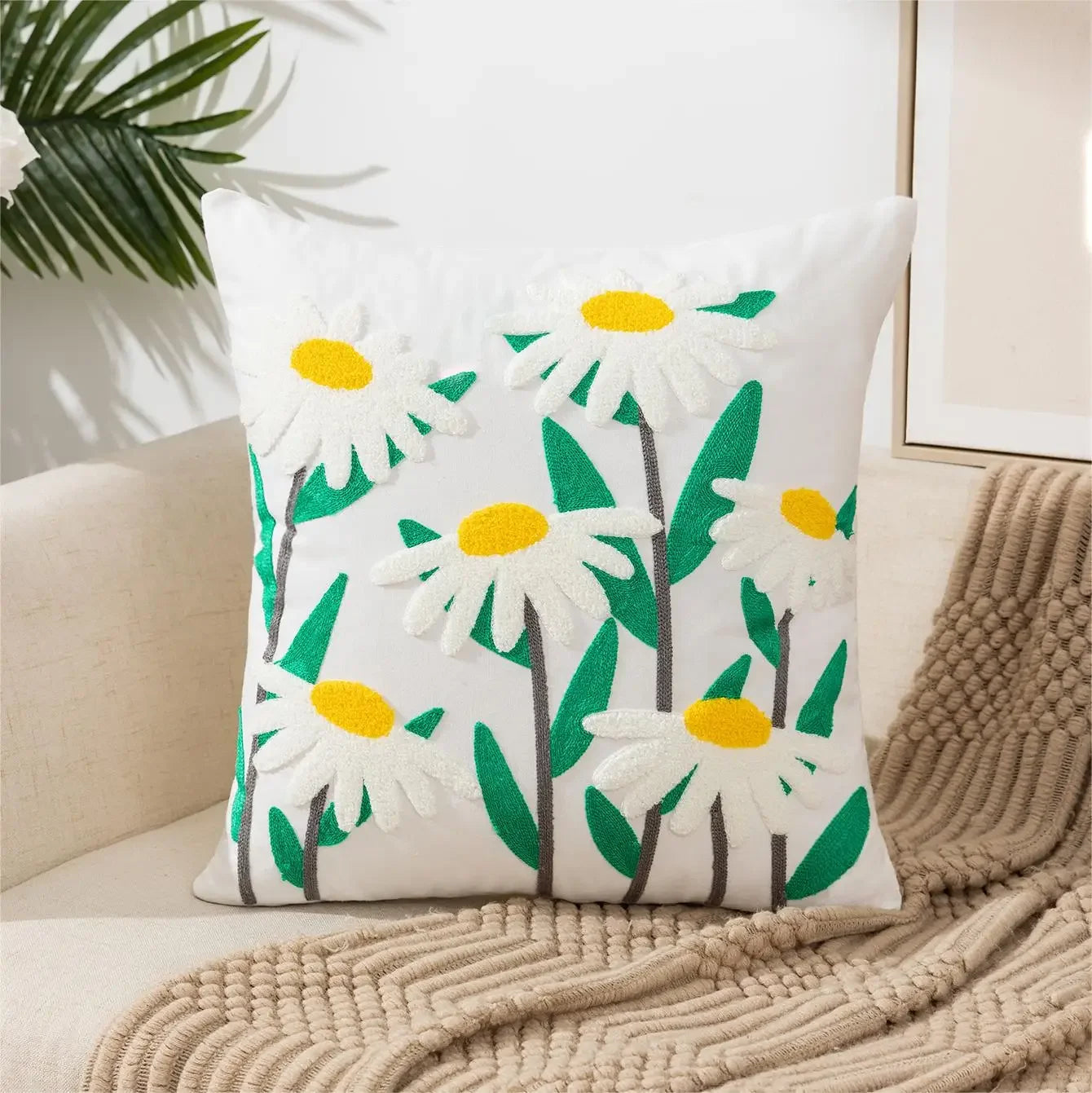 Home Decor Floral Cushion Cover Embroidered Flower Linen Simple Sofa Headboard Pillow Case Office Cushion Cover Cogines 45x45cm