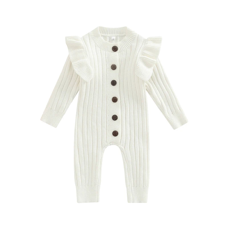 FOCUSNORM 0-18M Autumn Winter Baby Girls Boys Romper 3 Colors Solid Long Fly Sleeve Knitted Single Breasted Jumpsuit