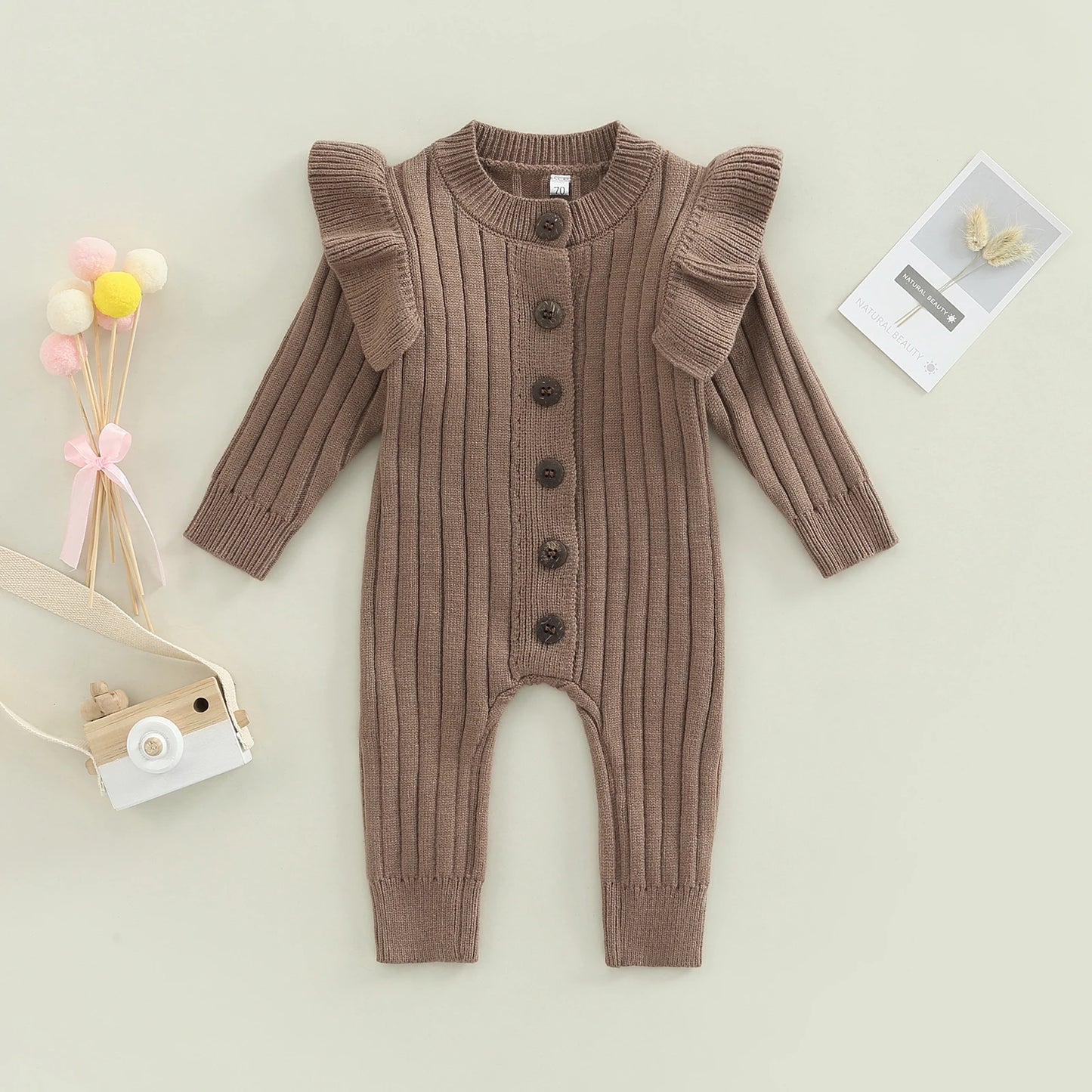 Infant Newborn Baby Girl Knitted Long Sleeve Ribbed Jumpsuit Fashion Solid Color Round Neck Button Long Romper