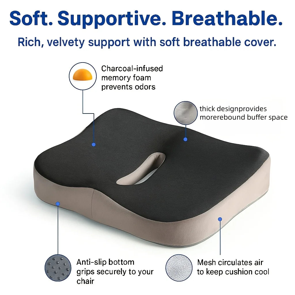 Memory foam seat cushion, with a central groove ergonomic pressure pad