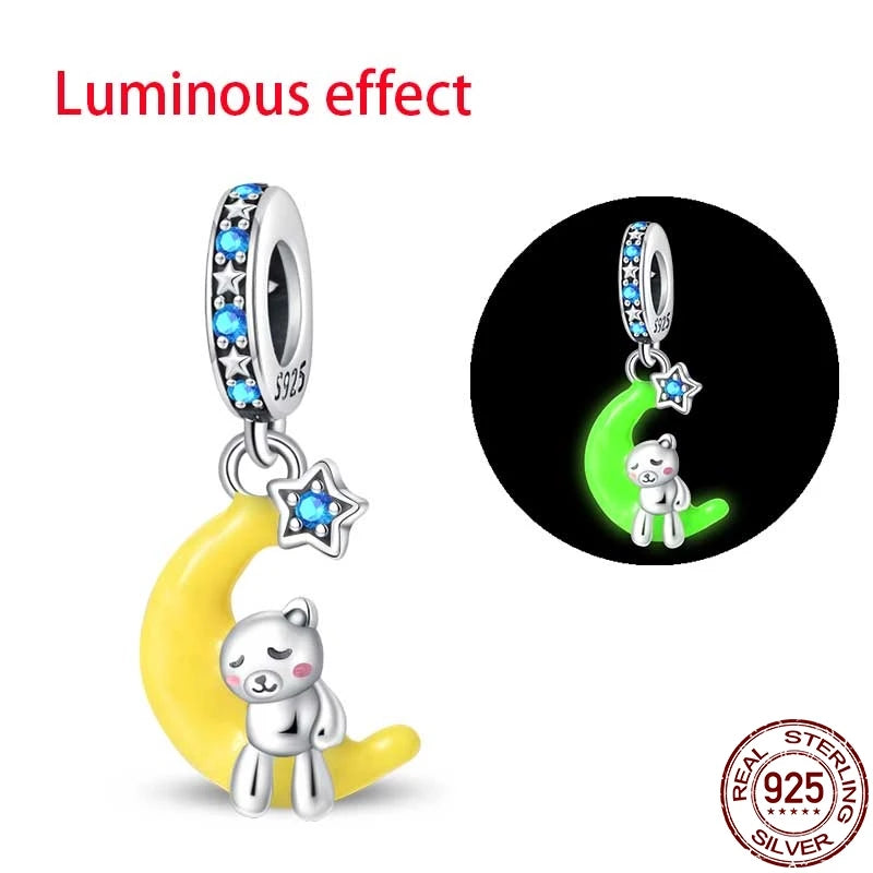 925 Sterling Silver Luminous Series Goodnight Bear Pendant Fit Original Pan Bracelet For Women Birthday Fine Jewelry Gift