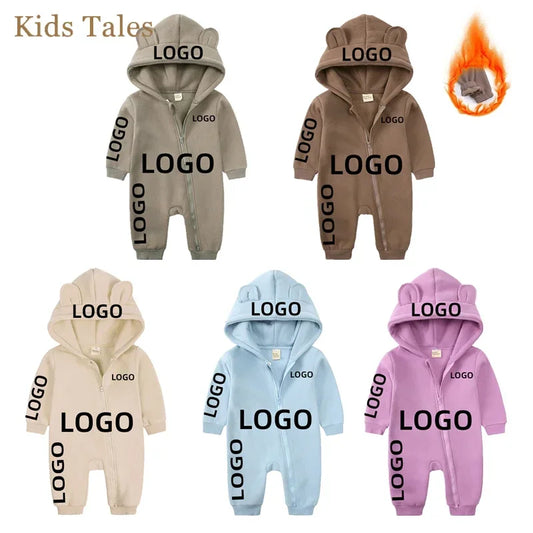 Kids Baby Boys Girls Custom Hoodies Bear Zipper Romper Clothes Newborn Cotton Fleece Personalized Thick Solid Bodysuit for 0-24M