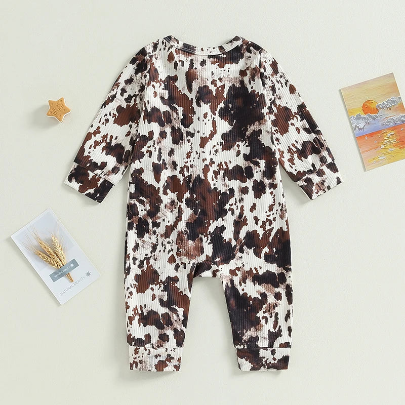 FOCUSNORM 0-18M Autumn Baby Girls Boys Western Jumpsuits Cow Print Long Sleeve Zipper Pocket Romper Pants
