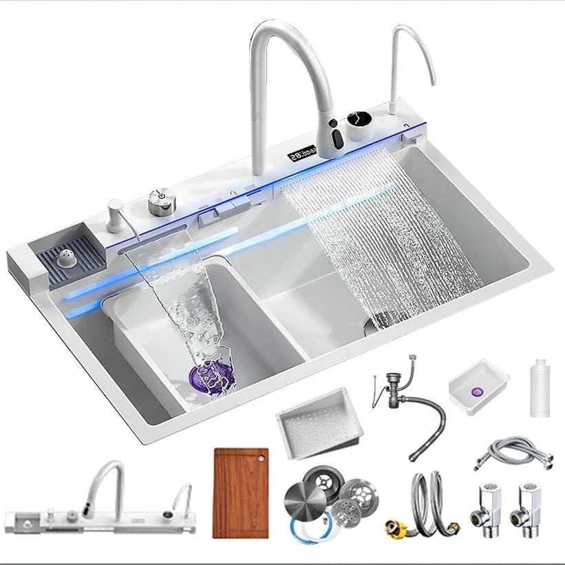 White Whale Rain Waterfall Kitchen Sink 304 Stainless Steel with Digital Display Thickened Honeycomb Design for Household