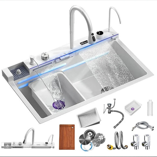White Whale Rain Waterfall Kitchen Sink 304 Stainless Steel with Digital Display Thickened Honeycomb Design for Household
