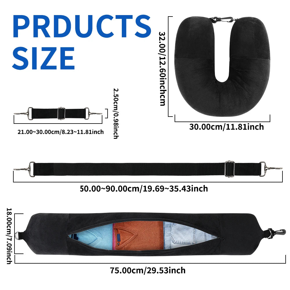 Travel Neck Pillow with Fillable Clothing U-Shaped Pillowcase, Extra Storage Bag, Velvet Neck Pillow Cover for Airplane Travel