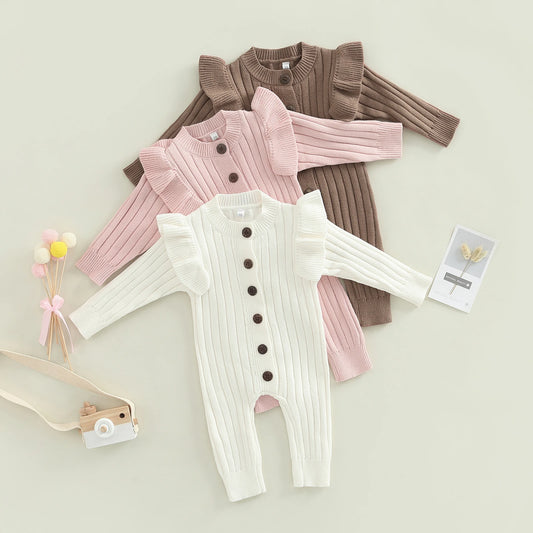 Infant Newborn Baby Girl Knitted Long Sleeve Ribbed Jumpsuit Fashion Solid Color Round Neck Button Long Romper
