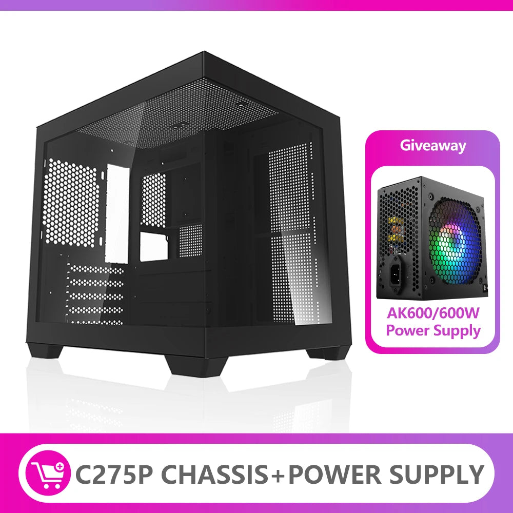 Aigo 275P PC Case Sea View Room Gaming Computer Desktop M-ATX ITX Motherboard  Double-Sided Tempered Glass PC Gamer Cabinet