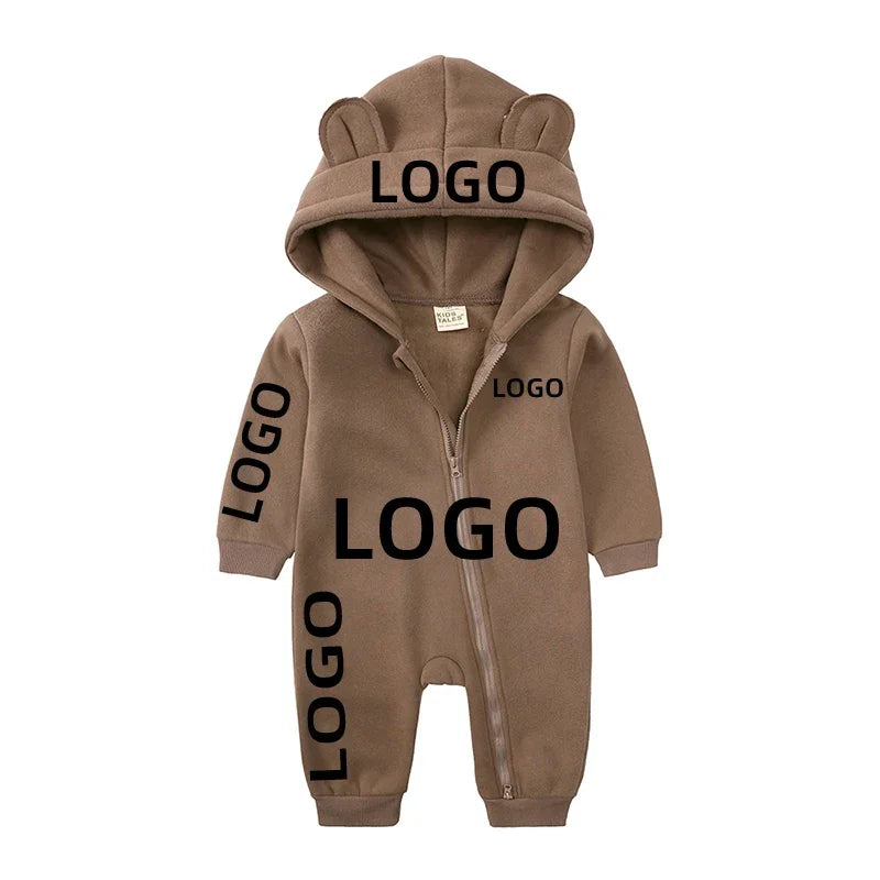 Kids Baby Boys Girls Custom Hoodies Bear Zipper Romper Clothes Newborn Cotton Fleece Personalized Thick Solid Bodysuit for 0-24M
