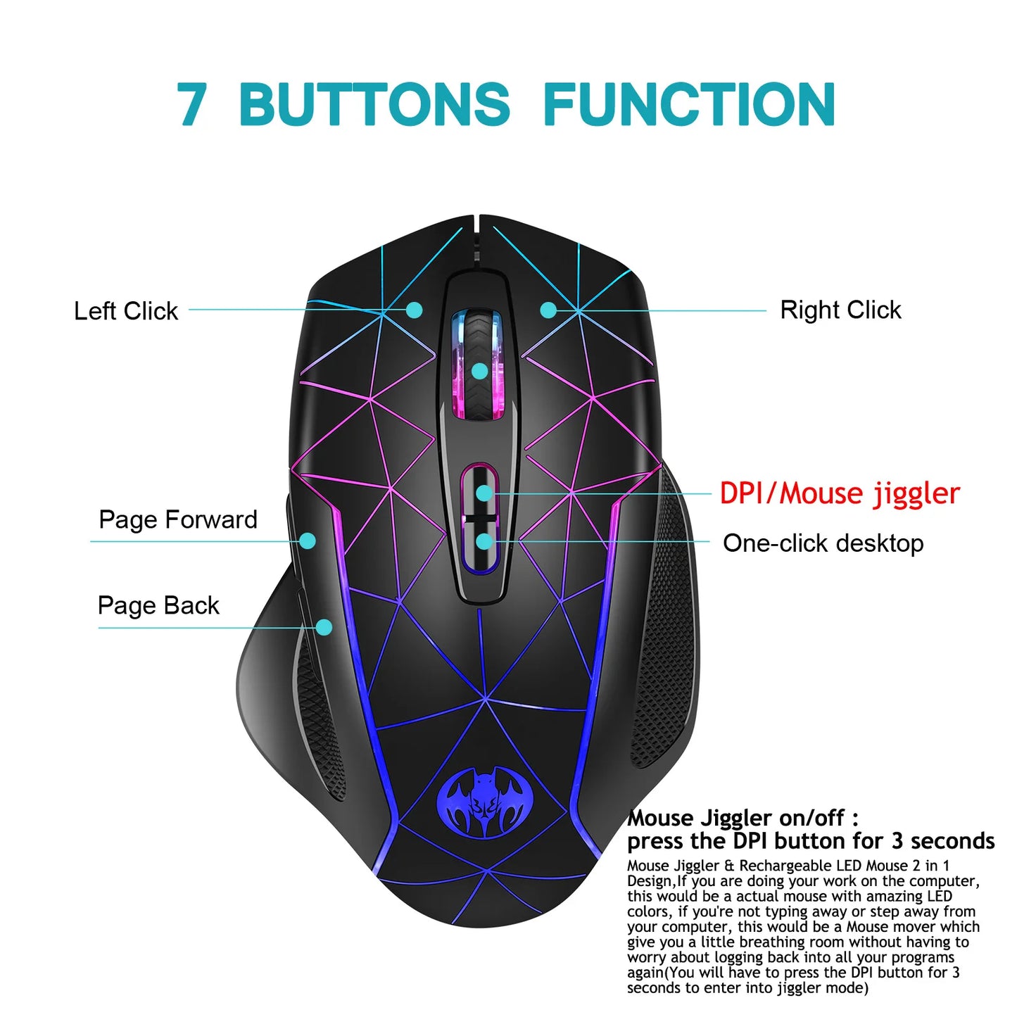 2.4G Wireless Mouse Rechargeable Gamer PC Mice Ergonomic 400mAh with 1600DPI Gaming Mice for Office Laptop with Windows Mac