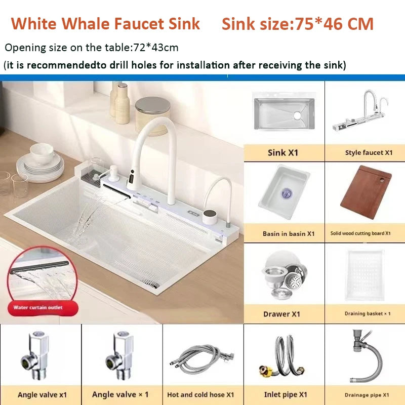 White Whale Rain Waterfall Kitchen Sink 304 Stainless Steel with Digital Display Thickened Honeycomb Design for Household