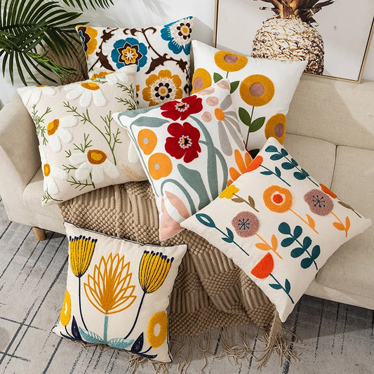 Home Decor Floral Cushion Cover Embroidered Flower Linen Simple Sofa Headboard Pillow Case Office Cushion Cover Cogines 45x45cm