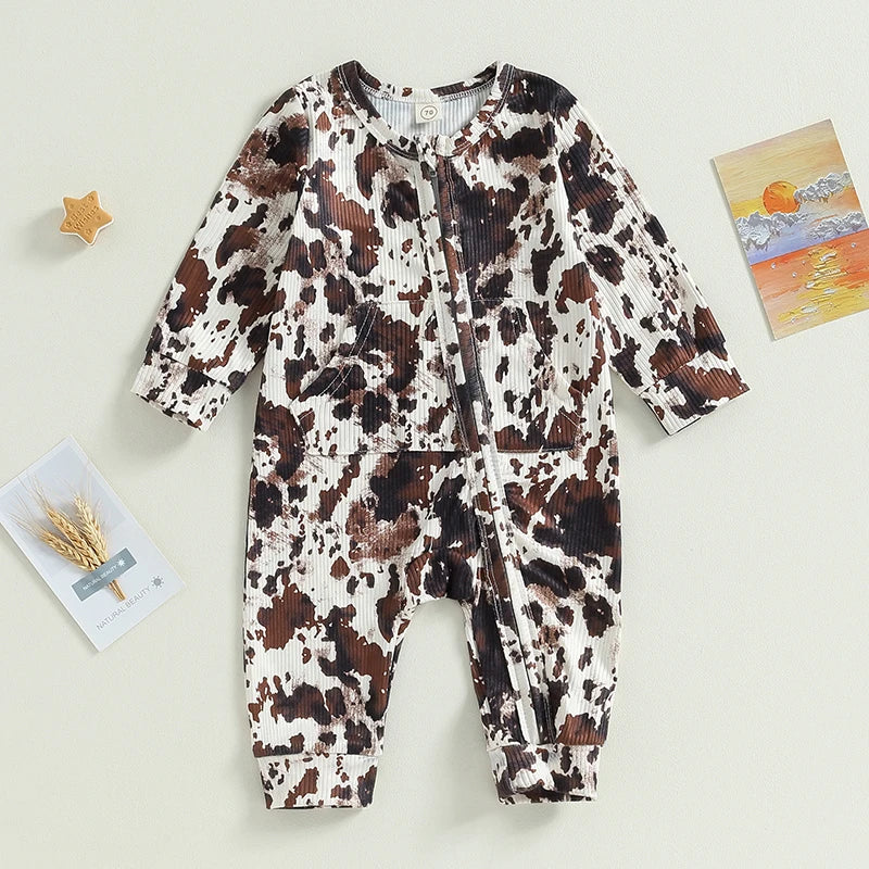 FOCUSNORM 0-18M Autumn Baby Girls Boys Western Jumpsuits Cow Print Long Sleeve Zipper Pocket Romper Pants