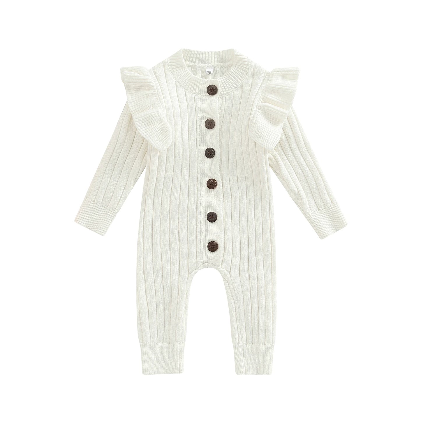Infant Newborn Baby Girl Knitted Long Sleeve Ribbed Jumpsuit Fashion Solid Color Round Neck Button Long Romper