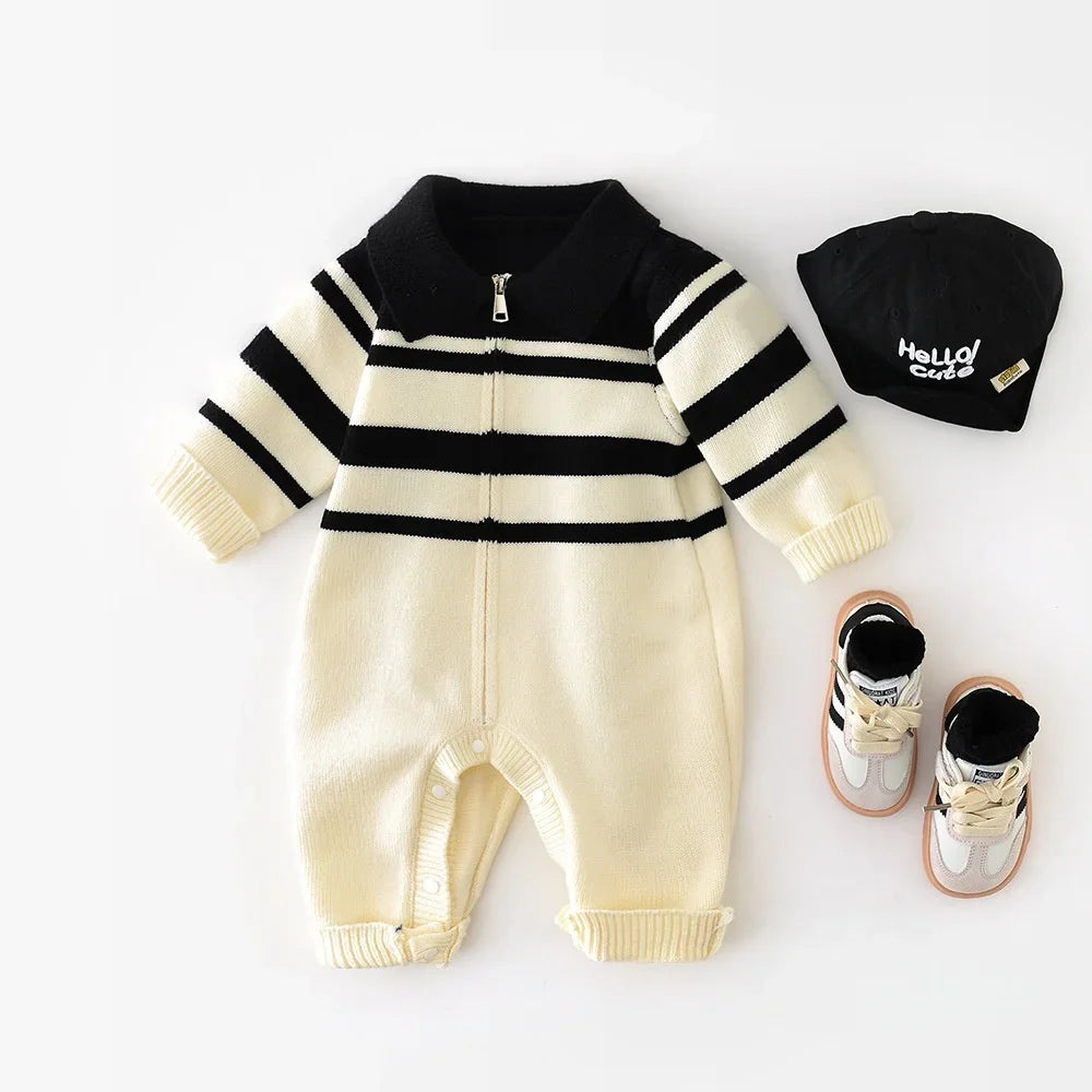Autumn Baby Boys Knitted Romper 0-24 Months Cream & Black Stripe Collared Nautical Style Zipper Front Infant Jumpsuit