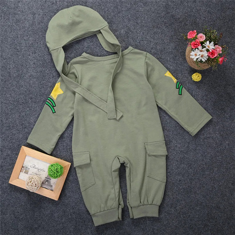 0-24months Baby Boys 2pcs Outfit Long Sleeve Pilot Romper + Cap Army Green Jumpsuit For Infant Boys Spring Autumn Playsuit