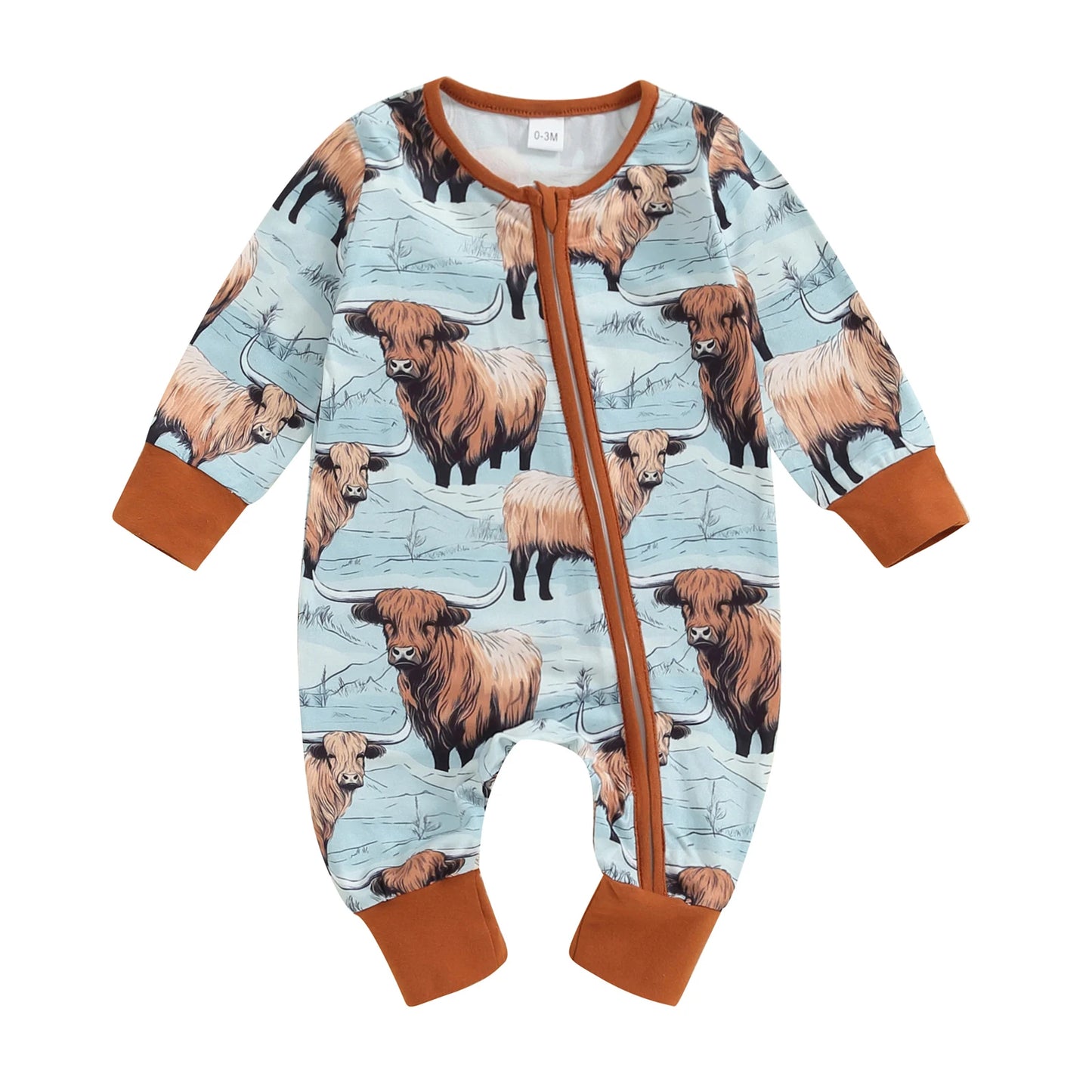 FOCUSNORM 0-12M Infant Baby Boys Western Jumpsuit Long Sleeve Horse Cactus Print Zipper Autumn Romper Clothes