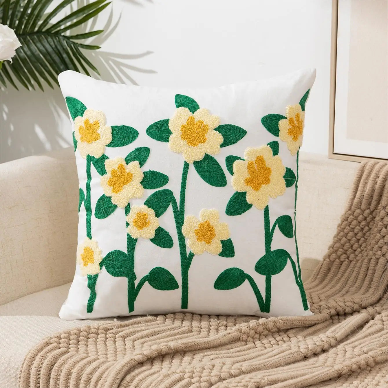 Home Decor Floral Cushion Cover Embroidered Flower Linen Simple Sofa Headboard Pillow Case Office Cushion Cover Cogines 45x45cm