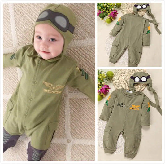 0-24months Baby Boys 2pcs Outfit Long Sleeve Pilot Romper + Cap Army Green Jumpsuit For Infant Boys Spring Autumn Playsuit