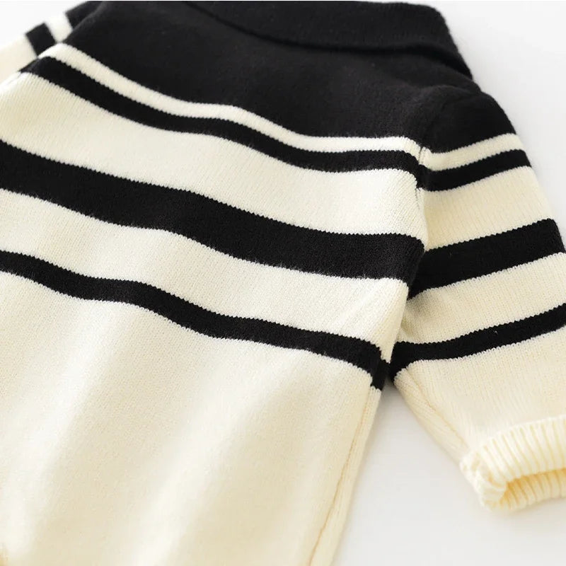 Autumn Baby Boys Knitted Romper 0-24 Months Cream & Black Stripe Collared Nautical Style Zipper Front Infant Jumpsuit