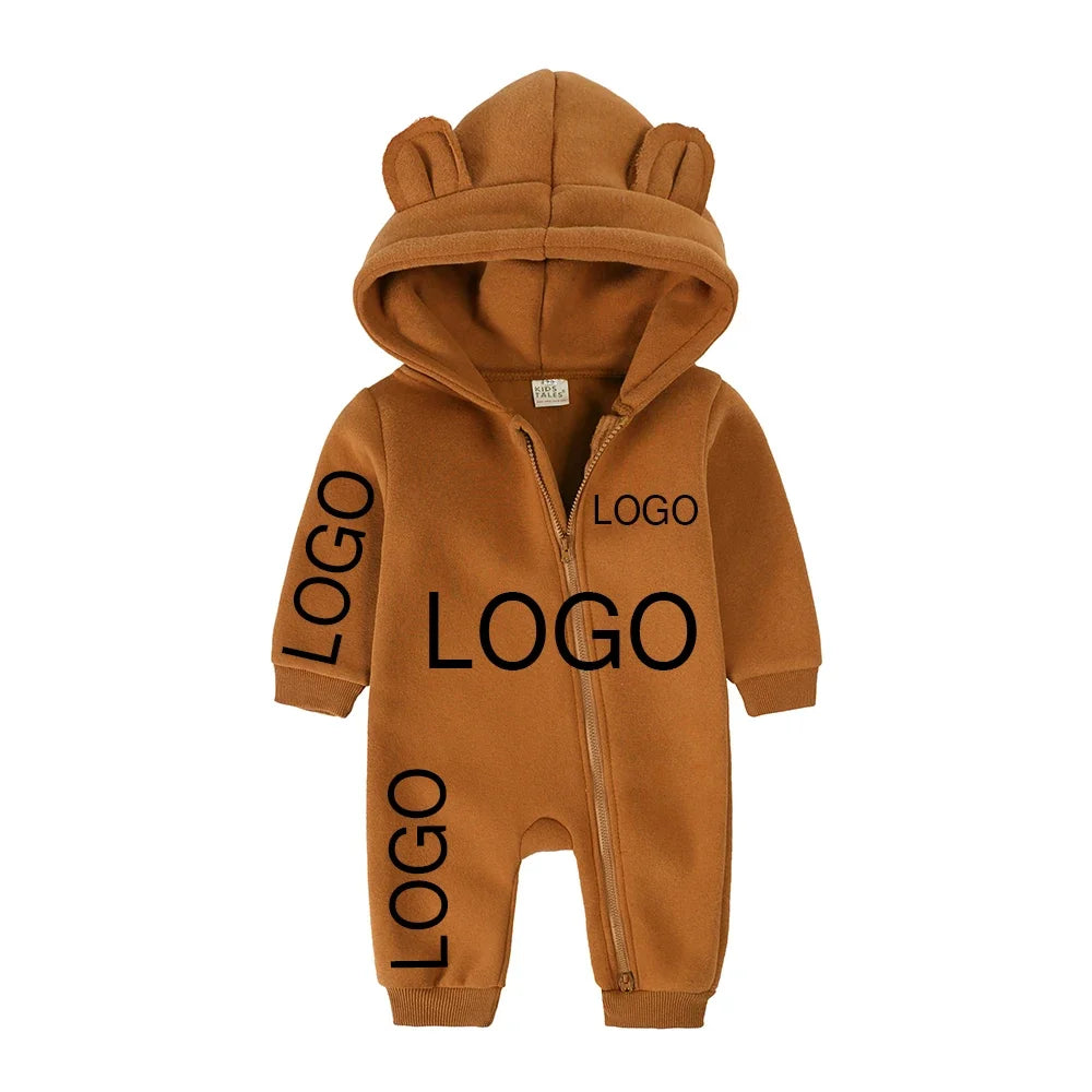 Kids Baby Boys Girls Custom Hoodies Bear Zipper Romper Clothes Newborn Cotton Fleece Personalized Thick Solid Bodysuit for 0-24M