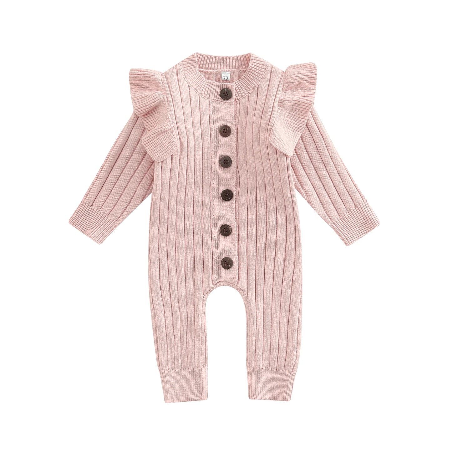 Infant Newborn Baby Girl Knitted Long Sleeve Ribbed Jumpsuit Fashion Solid Color Round Neck Button Long Romper