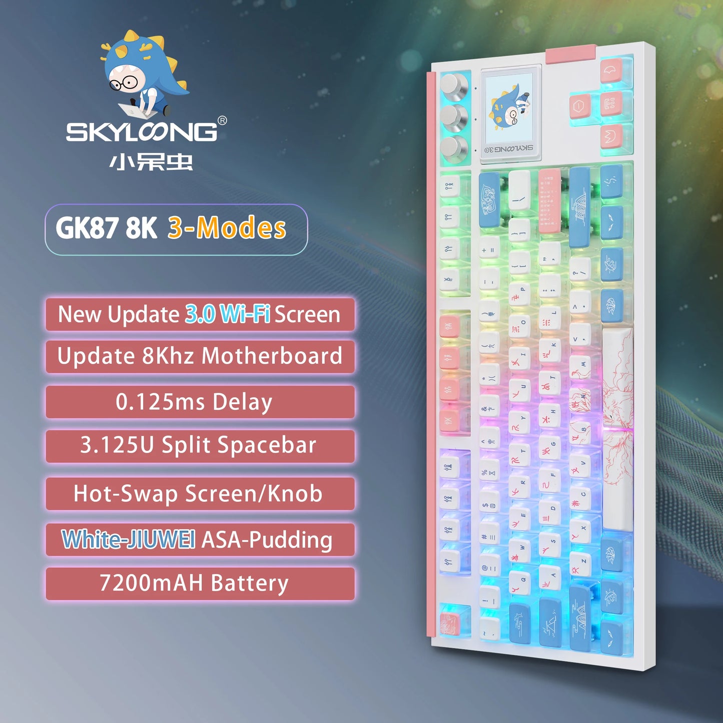 SKYLOONG GK87 Pro Wireless Gaming Keyboard 8Khz Mechanical Keyboard PBT Keycaps RGB LED Bluetooth Keyboard with knobs Hot-swap