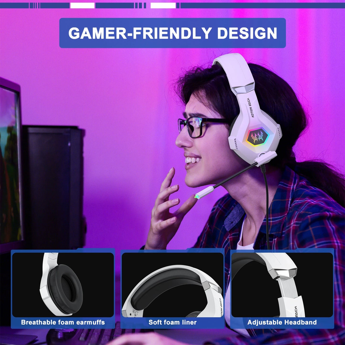 Wired Gaming Headset with Noise Cancelling Mic Compatible With PC PS4 PS5 Xbox Surround Sound RGB Light Over Ear Design