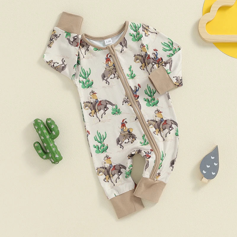 FOCUSNORM 0-12M Infant Baby Boys Western Jumpsuit Long Sleeve Horse Cactus Print Zipper Autumn Romper Clothes