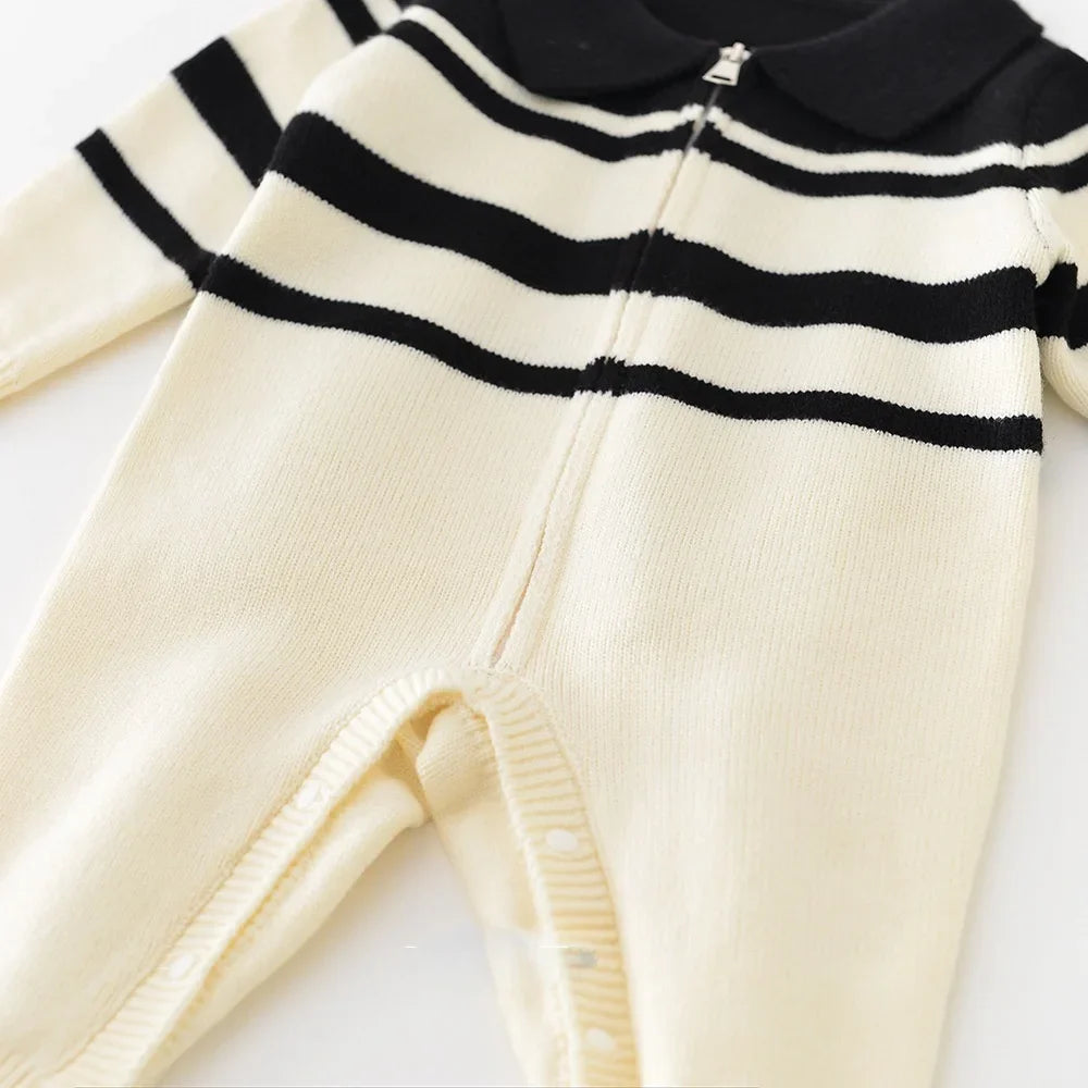 Autumn Baby Boys Knitted Romper 0-24 Months Cream & Black Stripe Collared Nautical Style Zipper Front Infant Jumpsuit